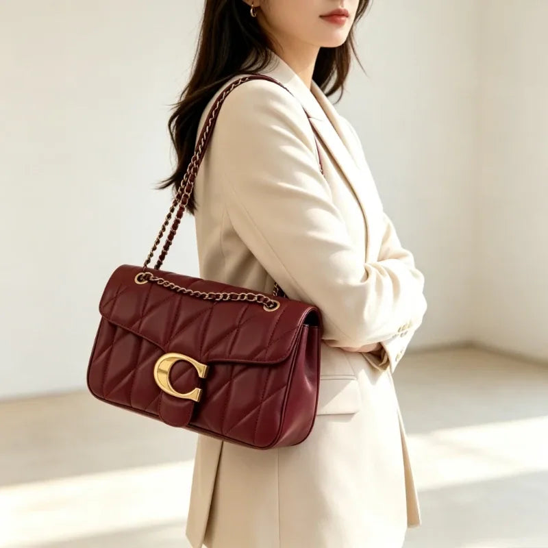 Quilted Chain Crossbody Bag | Luxury Women's Shoulder Bag Handmade Leather Crossbody Purse Ladies Tote Handbags Classic Designer Brand Stylish Gift