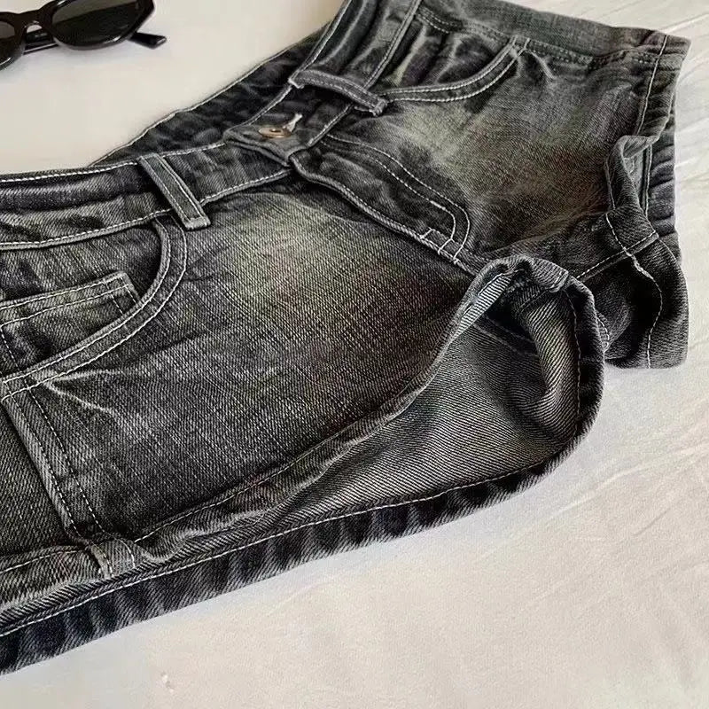 Vintage Denim Shorts Women Summer Black Grey Washed Low Waist Elastic Skinny Hot Shorts Jeans