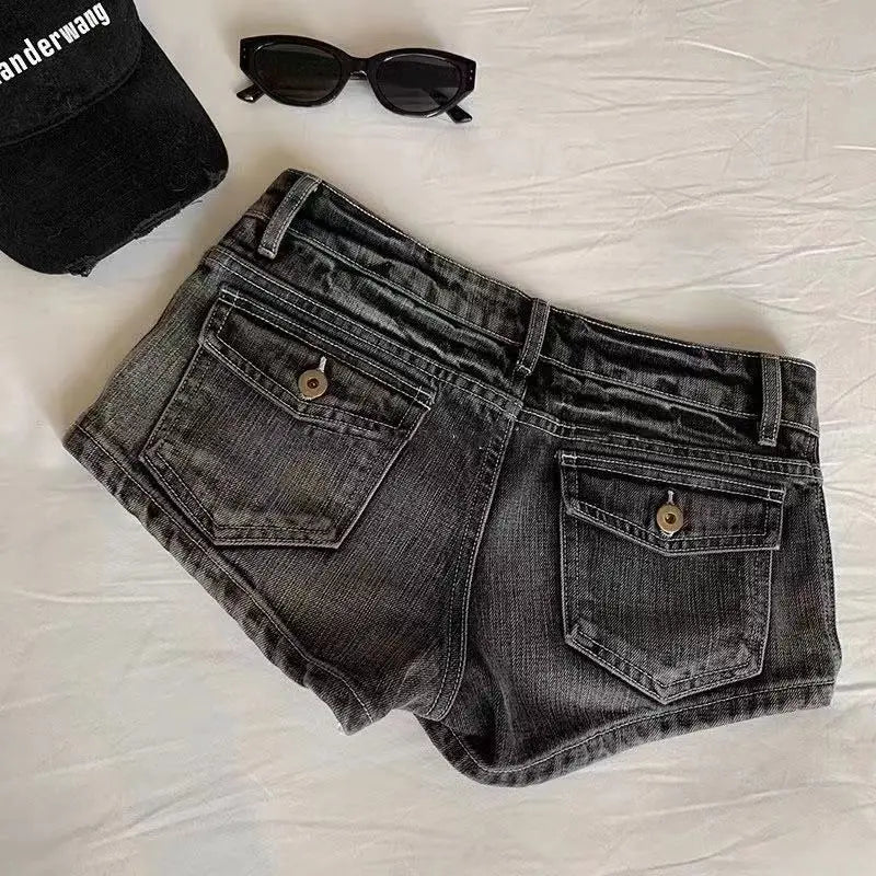 Vintage Denim Shorts Women Summer Black Grey Washed Low Waist Elastic Skinny Hot Shorts Jeans