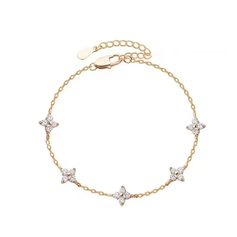 High Quality Crystal Four Leaf Flower Bracelet for Women Clasic Trendy Gold Color Stainless Steel Zircon Bangle Jewelry Gift